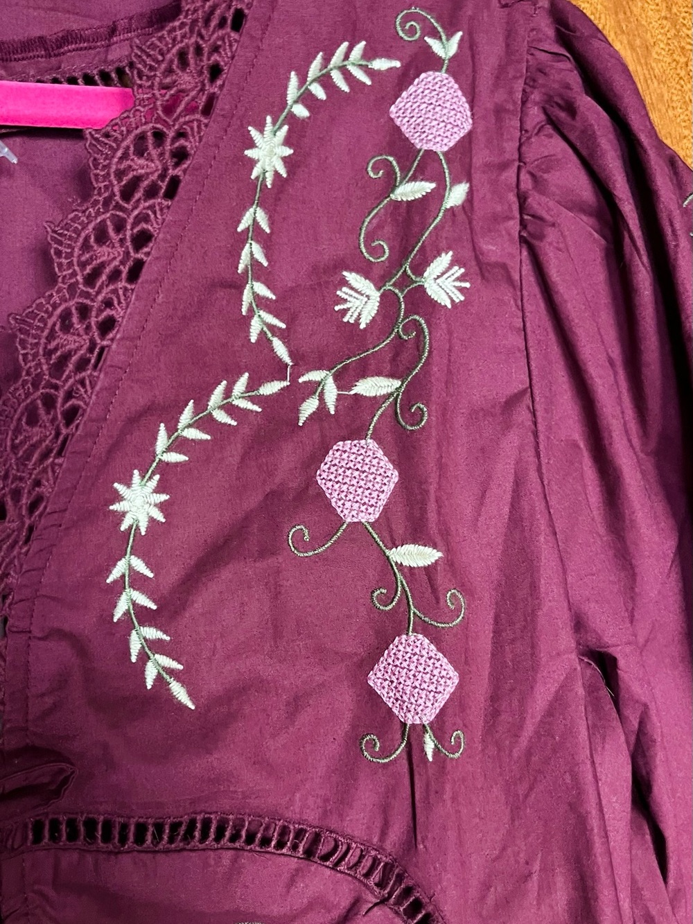 Jennifer & Grace Burgundy New Maroon Cross Stitch Embroidery Top L (Sezane - Picture 4 of 6